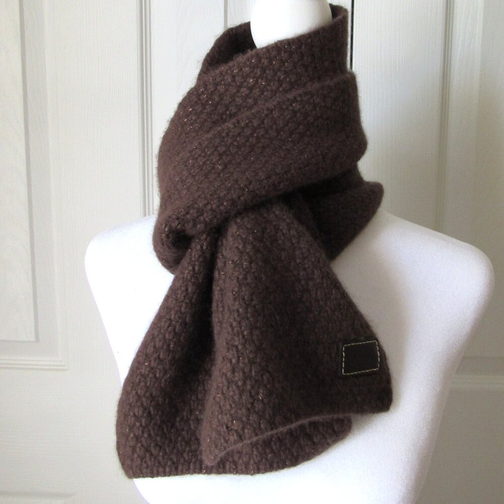 COACH Warm Chocolate Brown Gold Thread SCARF WRAP Logo Patch Knit Preppy